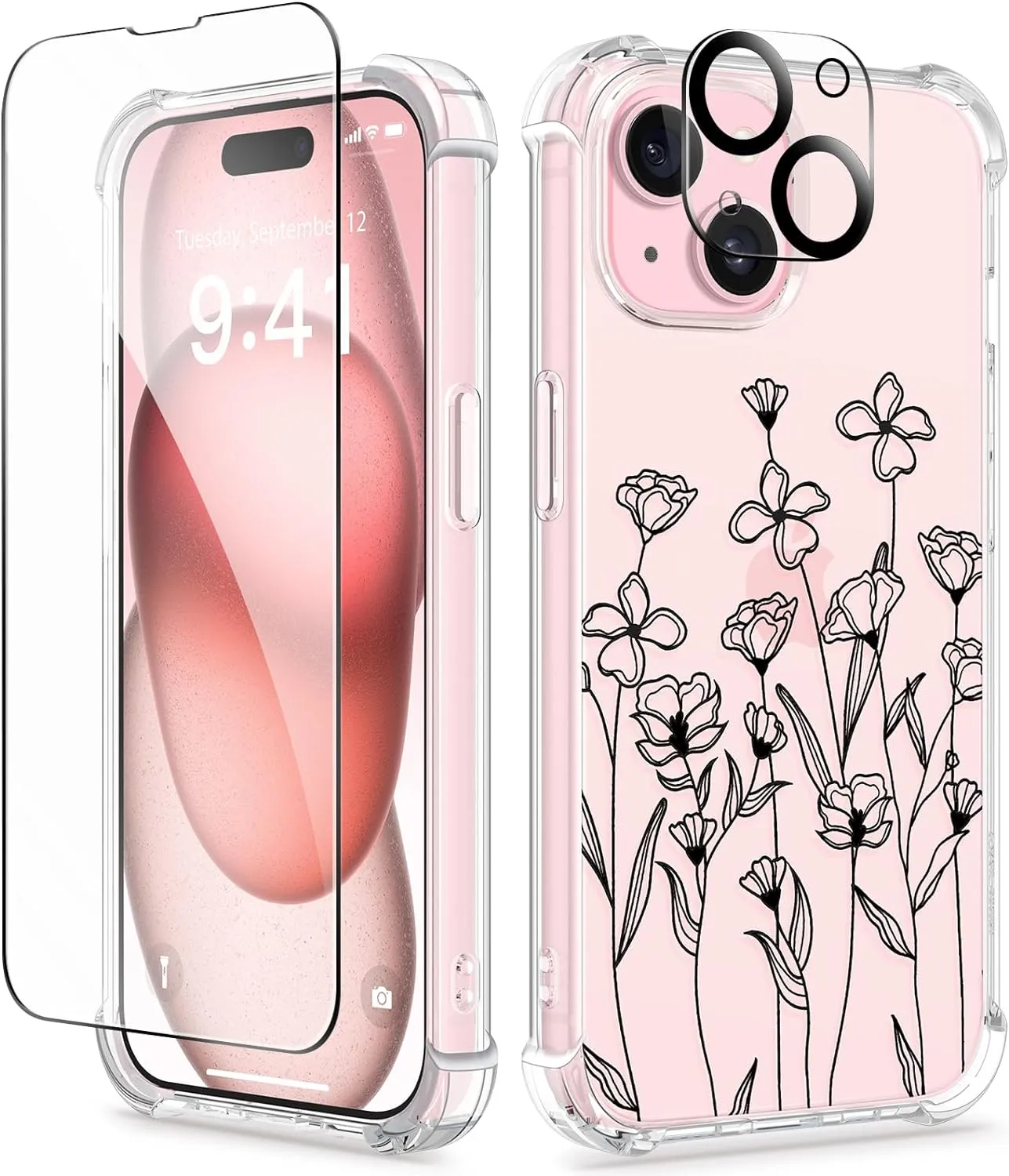 i Phone 16 Pro Max Case Screen Protector Camera Protector Clear Flower Phone Cover