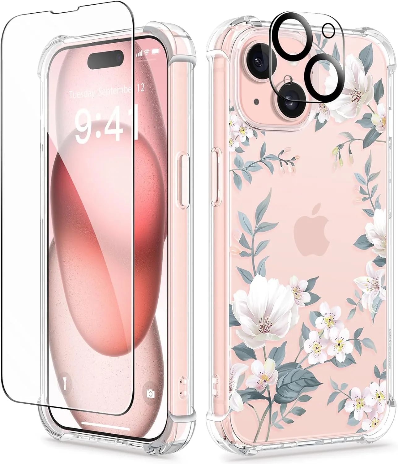 i Phone 16 Pro Max Case Screen Protector Camera Protector Clear Flower Phone Cover