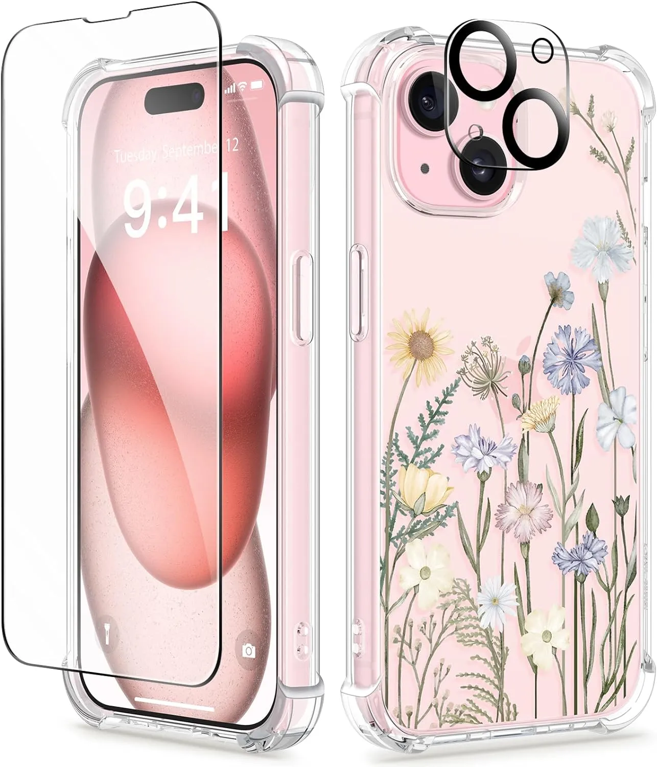 i Phone 16 Pro Max Case Screen Protector Camera Protector Clear Flower Phone Cover