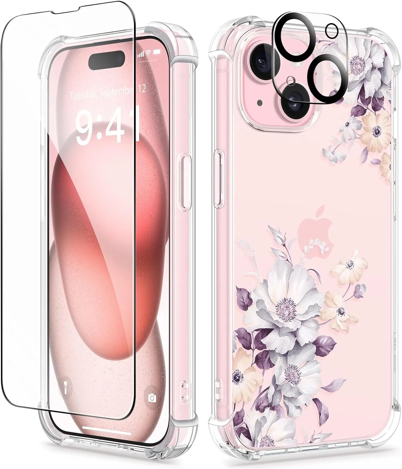 i Phone 16 Pro Max Case Screen Protector Camera Protector Clear Flower Phone Cover