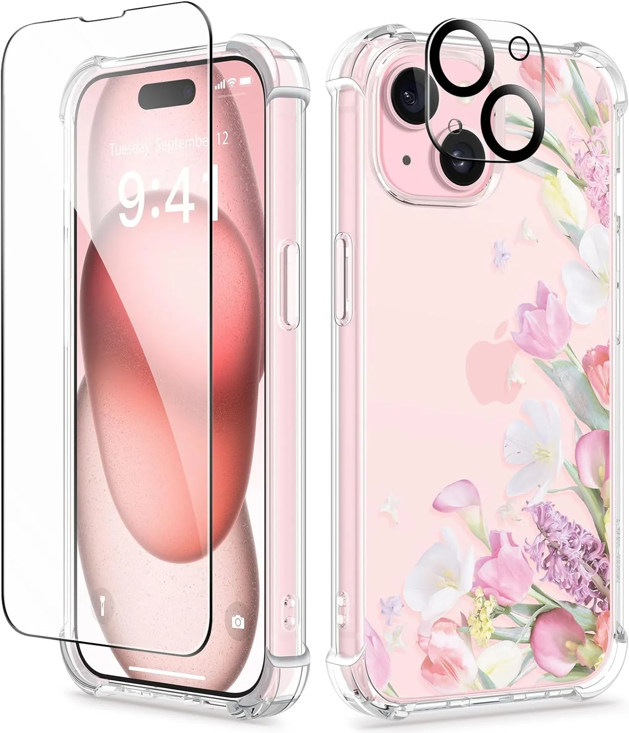 i Phone 16 Pro Max Case Screen Protector Camera Protector Clear Flower Phone Cover