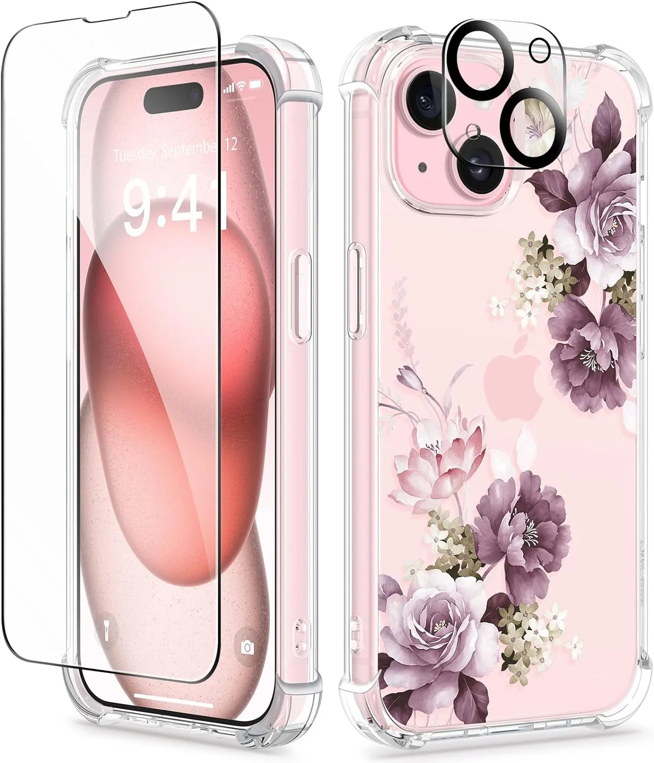 i Phone 16 Pro Max Case Screen Protector Camera Protector Clear Flower Phone Cover