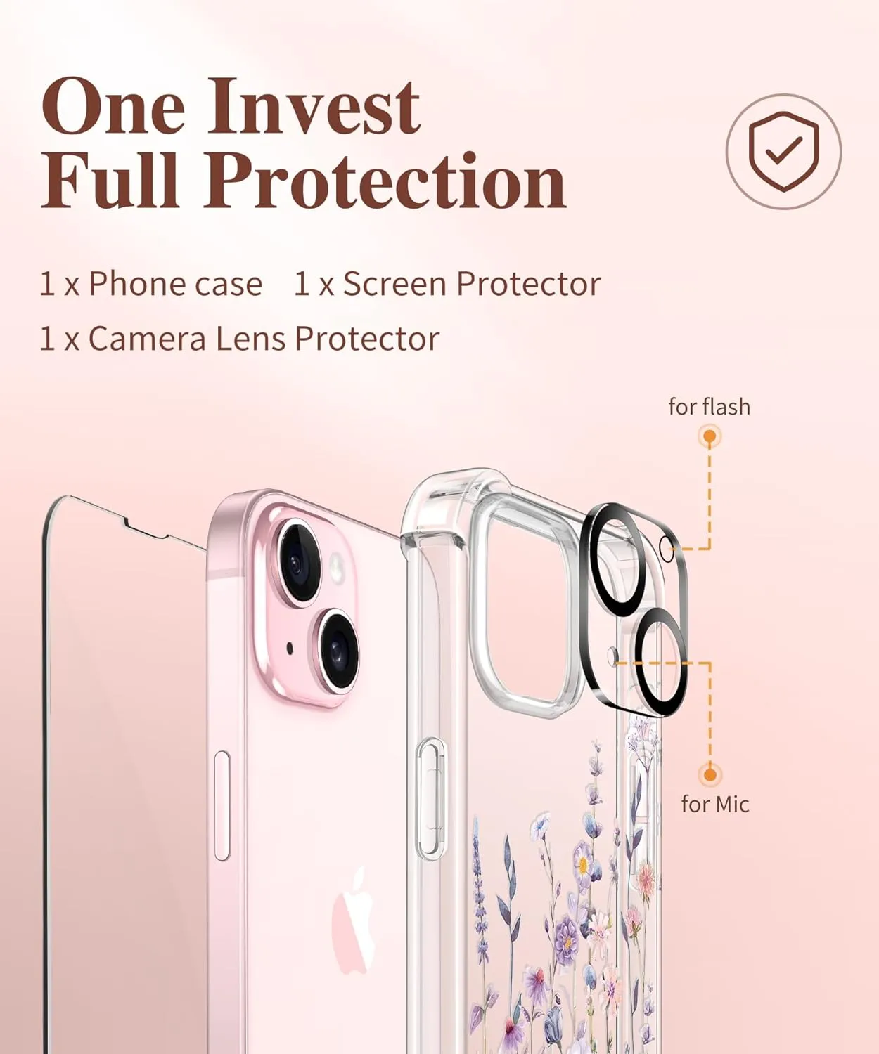 i Phone 16 Pro Max Case Screen Protector Camera Protector Clear Flower Phone Cover