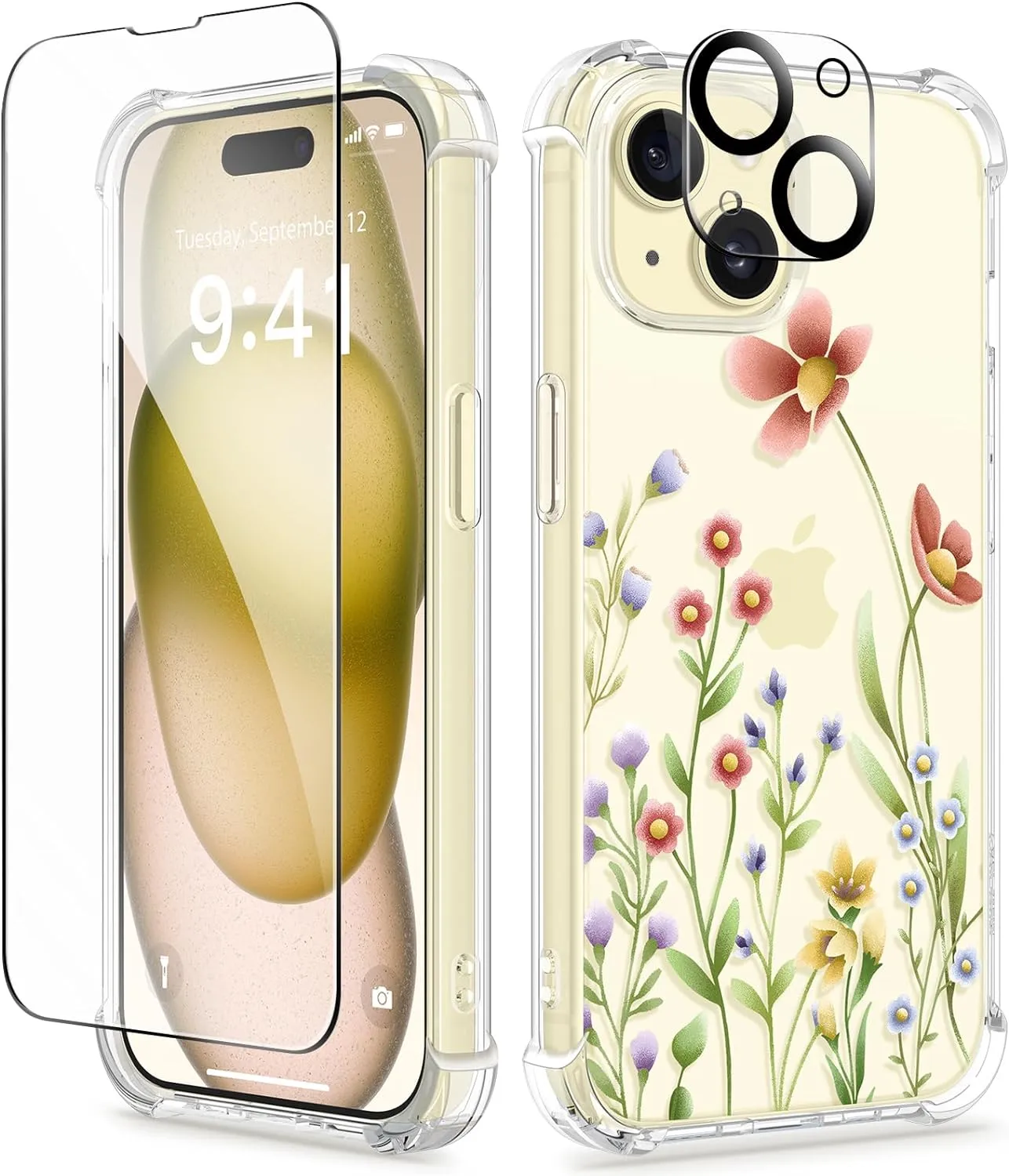 i Phone 16 Pro Max Case Screen Protector Camera Protector Clear Flower Phone Cover