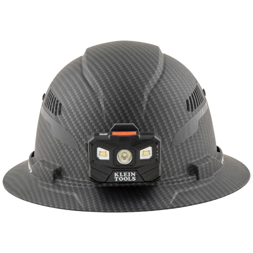 Klein Tools 60347 Hard Hat, Vented Full Brim, Class C, Premium KARBN Pattern, Rechargeable Lamp, Padded Sweat-Wicking Sweatband, Top Pad