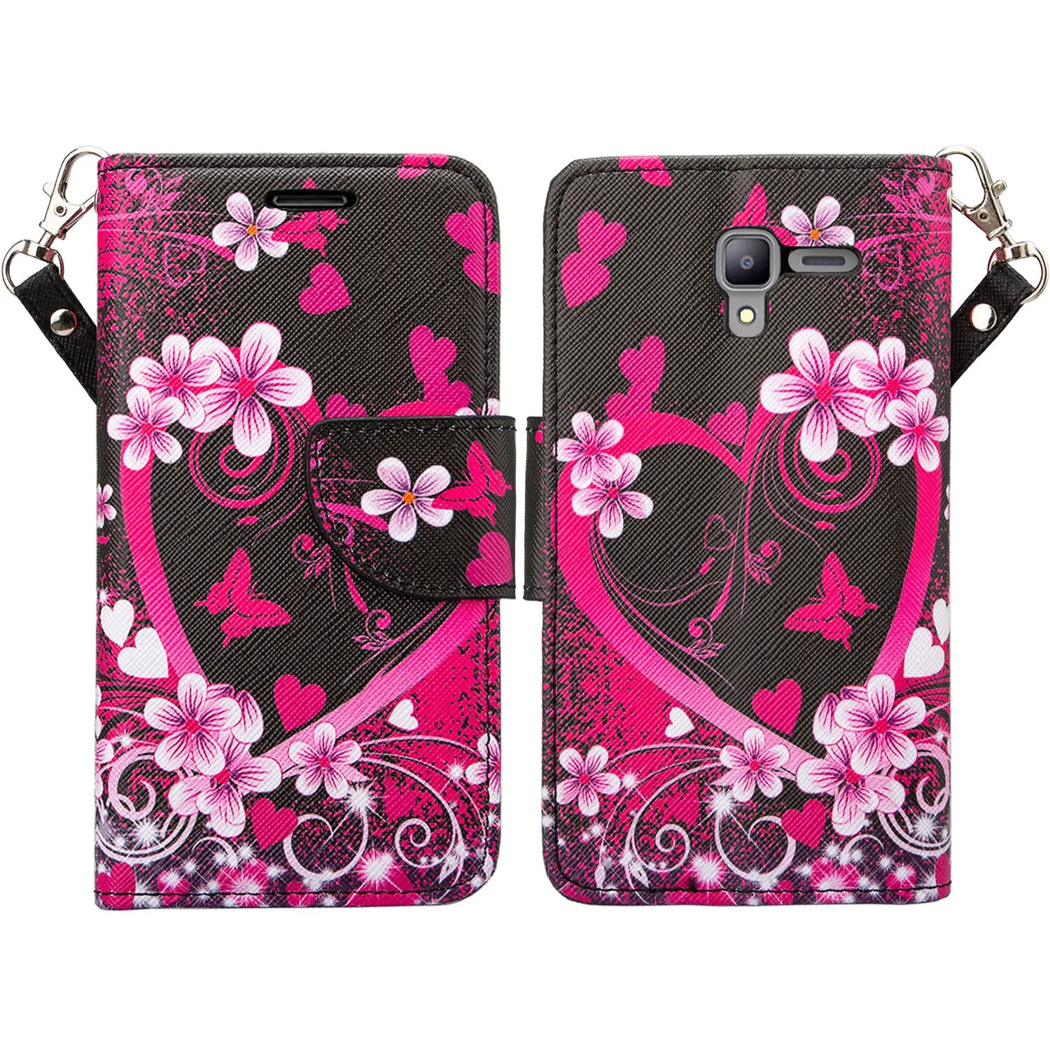 Kyocera Hydro View Wallet Case, Wrist Strap Pu Leather Magnetic Flip Fold[Kickstand] with ID & Card Slots for Kyocera Hydro View - Heart Butterflies