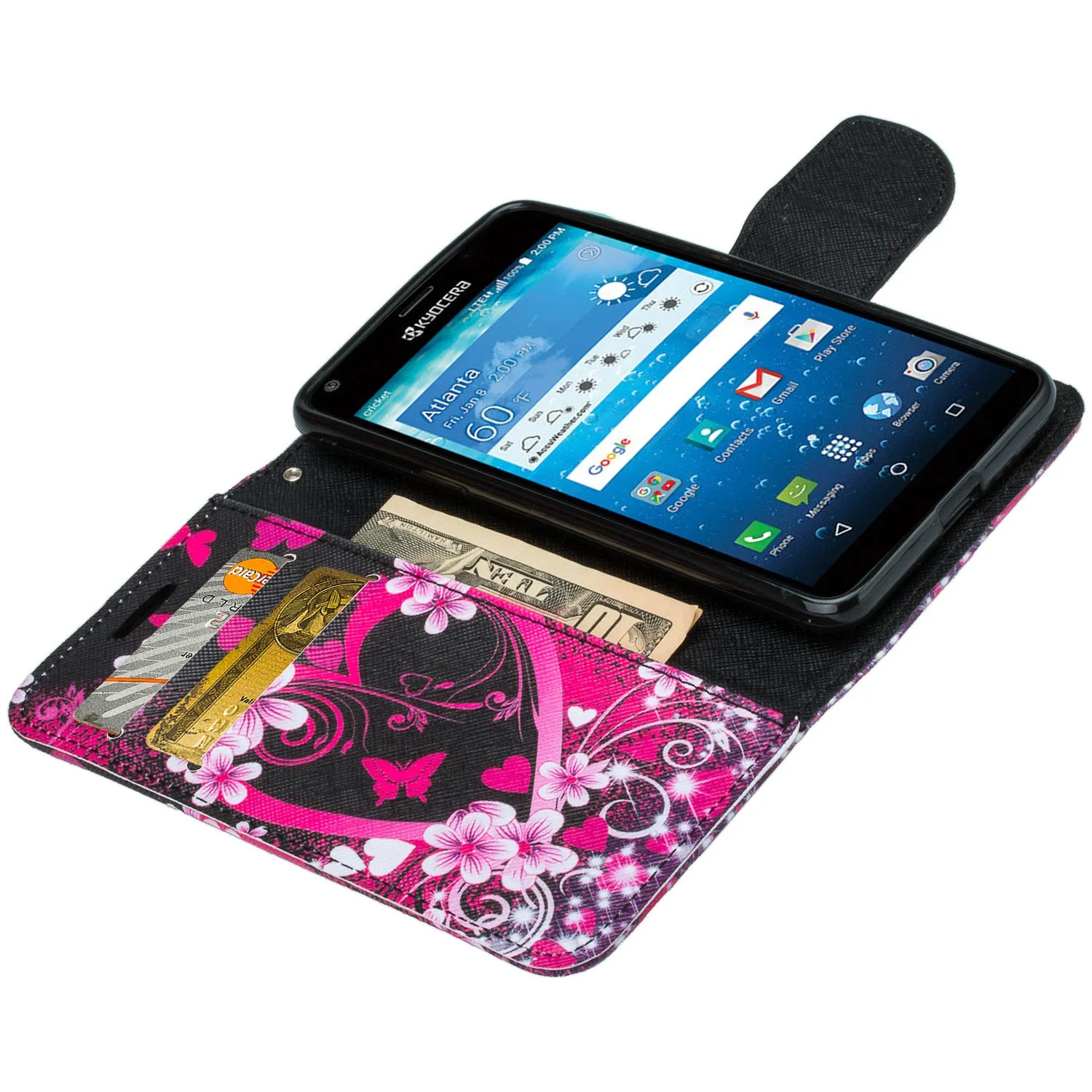 Kyocera Hydro View Wallet Case, Wrist Strap Pu Leather Magnetic Flip Fold[Kickstand] with ID & Card Slots for Kyocera Hydro View - Heart Butterflies