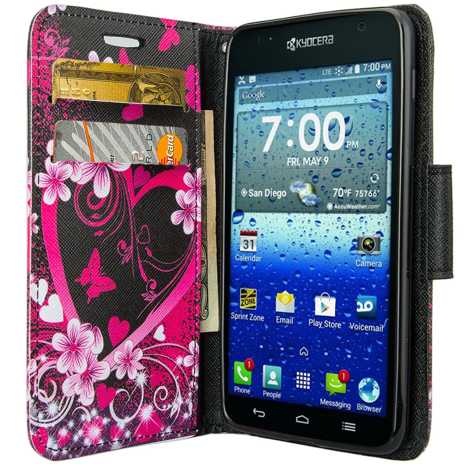 Kyocera Hydro View Wallet Case, Wrist Strap Pu Leather Magnetic Flip Fold[Kickstand] with ID & Card Slots for Kyocera Hydro View - Heart Butterflies