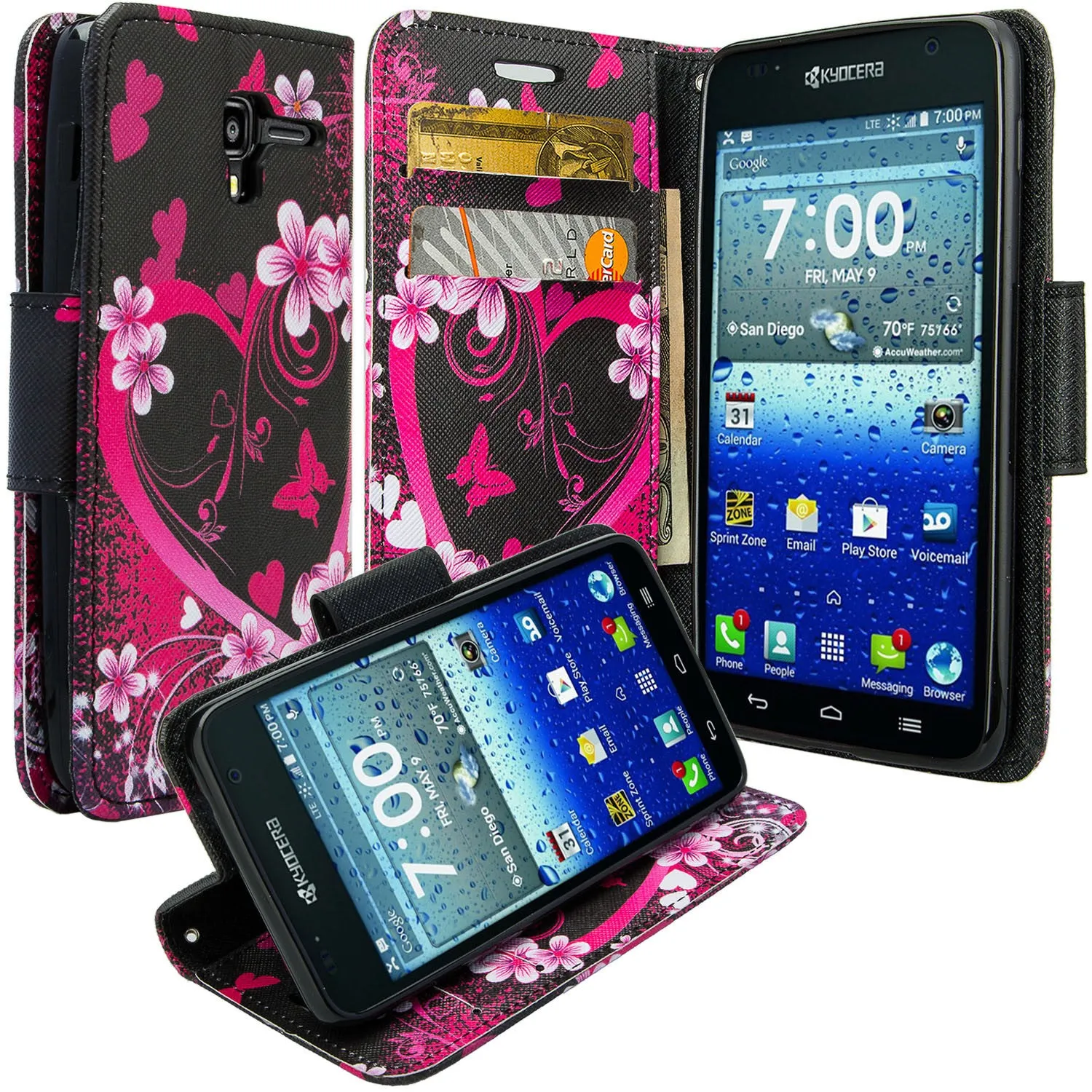 Kyocera Hydro View Wallet Case, Wrist Strap Pu Leather Magnetic Flip Fold[Kickstand] with ID & Card Slots for Kyocera Hydro View - Heart Butterflies