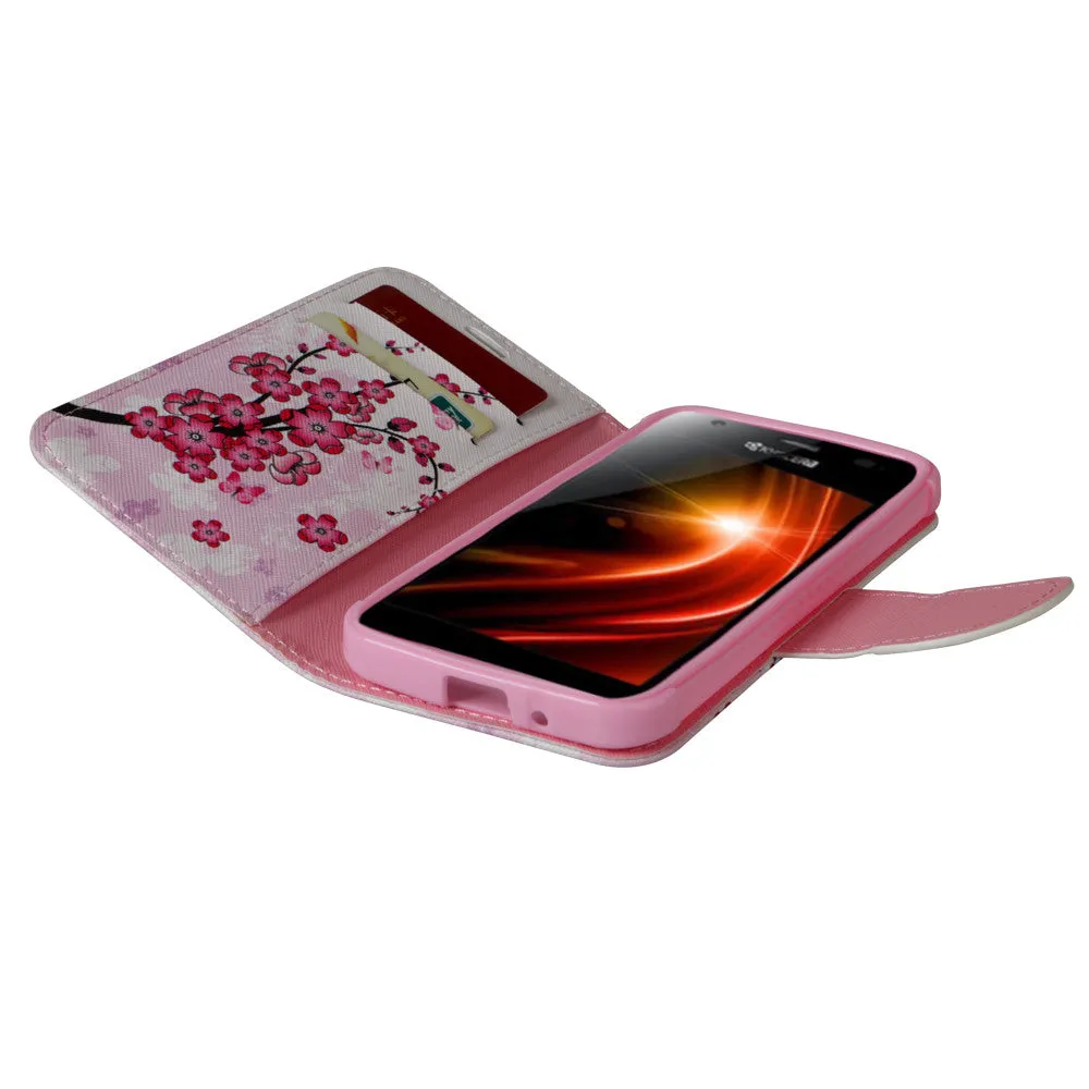 Kyocera Hydro Wave | C6740 Case, Wrist Strap Magnetic Flip Fold[Kickstand] Pu Leather Wallet Case with ID & Card Slots - Cherry Blossom