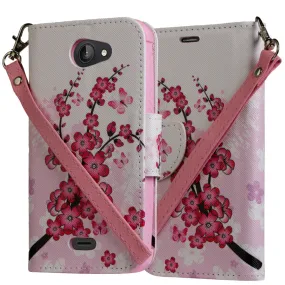 Kyocera Hydro Wave | C6740 Case, Wrist Strap Magnetic Flip Fold[Kickstand] Pu Leather Wallet Case with ID & Card Slots - Cherry Blossom