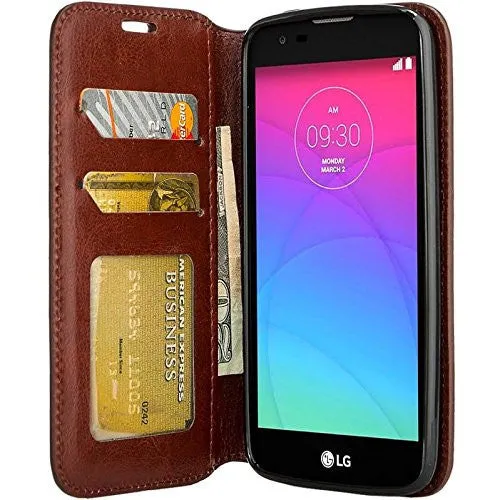 LG K7, LG Tribute 5, LG Treasure Wallet Case, Pu Leather Wallet [Kickstand] Case with ID & Credit Card Slots - Brown