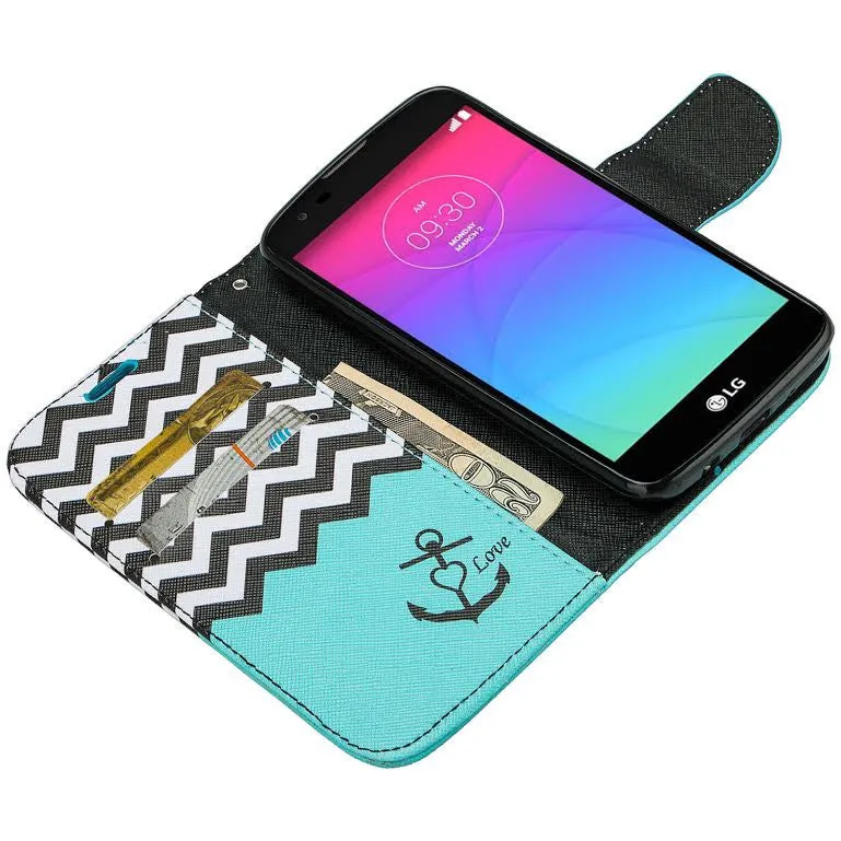 LG K7, LG Tribute 5, LG Treasure Wallet Case, Wrist Strap [Kickstand] Pu Leather Wallet Case with ID & Credit Card Slots - Teal Chevron