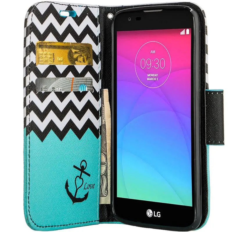 LG K7, LG Tribute 5, LG Treasure Wallet Case, Wrist Strap [Kickstand] Pu Leather Wallet Case with ID & Credit Card Slots - Teal Chevron