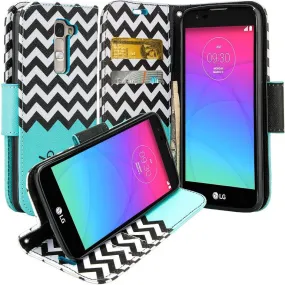 LG K8 | LG Phoenix 2 | LG Escape 3 Wallet Case, Wrist Strap [Kickstand] Pu Leather Wallet Case with ID & Credit Card Slots for LG K8 | LG Phoenix 2 | LG Escape 3 - Teal Chevron