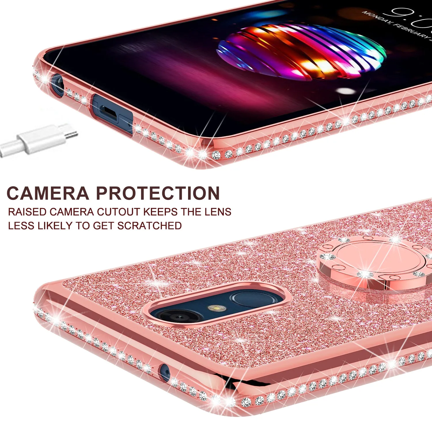 LG Stylo 5 Case, Stylo 5, Glitter Cute Phone Case Girls Bling Diamond Rhinestone Ring Stand Luxury Clear Thin Soft Protective Cover for Girl Women - Rose Gold