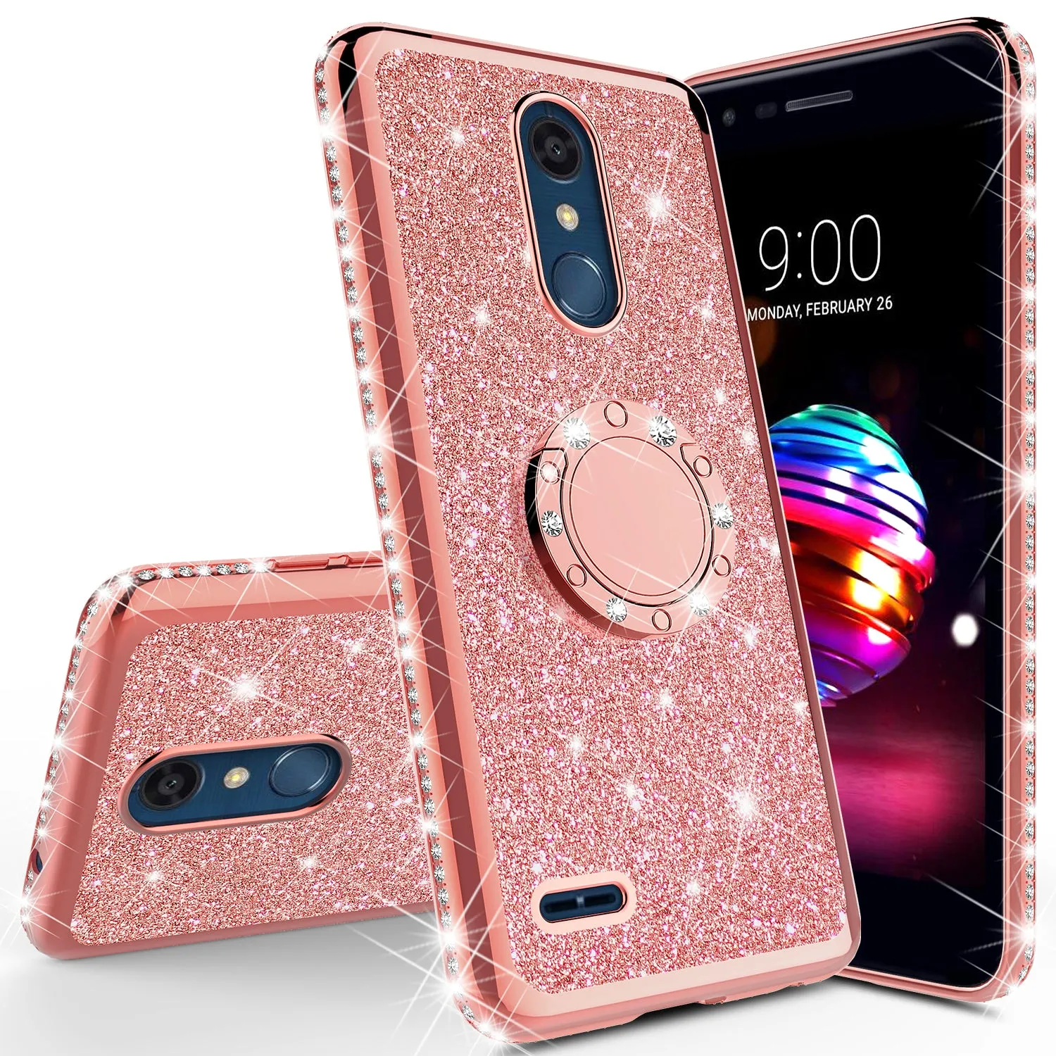 LG Stylo 5 Case, Stylo 5, Glitter Cute Phone Case Girls Bling Diamond Rhinestone Ring Stand Luxury Clear Thin Soft Protective Cover for Girl Women - Rose Gold