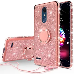 LG Stylo 5 Case, Stylo 5, Glitter Cute Phone Case Girls Bling Diamond Rhinestone Ring Stand Luxury Clear Thin Soft Protective Cover for Girl Women - Rose Gold