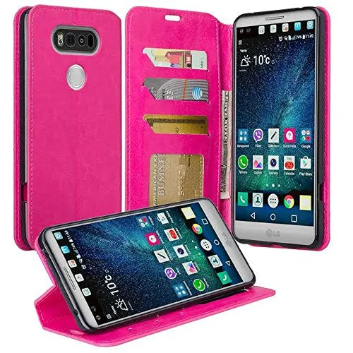 LG V20 Case, Pu Leather Magnetic Fold Wallet Case with ID & Card Slots for LG V20 - Hot Pink