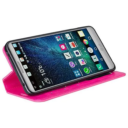 LG V20 Case, Pu Leather Magnetic Fold Wallet Case with ID & Card Slots for LG V20 - Hot Pink