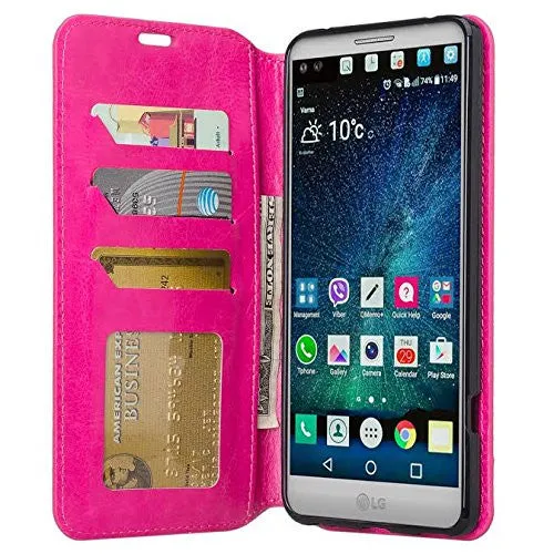 LG V20 Case, Pu Leather Magnetic Fold Wallet Case with ID & Card Slots for LG V20 - Hot Pink