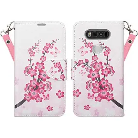 LG V20 Case, Wrist Strap Pu Leather Wallet Case with ID & Card Slots for LG V20 - Cherry Blossom