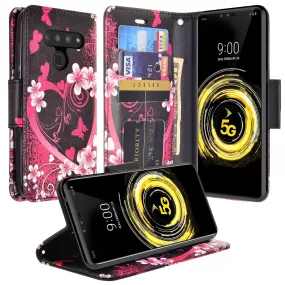 LG V50 ThinQ 5G Case, V50 ThinQ Wallet Case, Wrist Strap Pu Leather Wallet Case [Kickstand] with ID & Credit Card Slots - Heart Butterflies