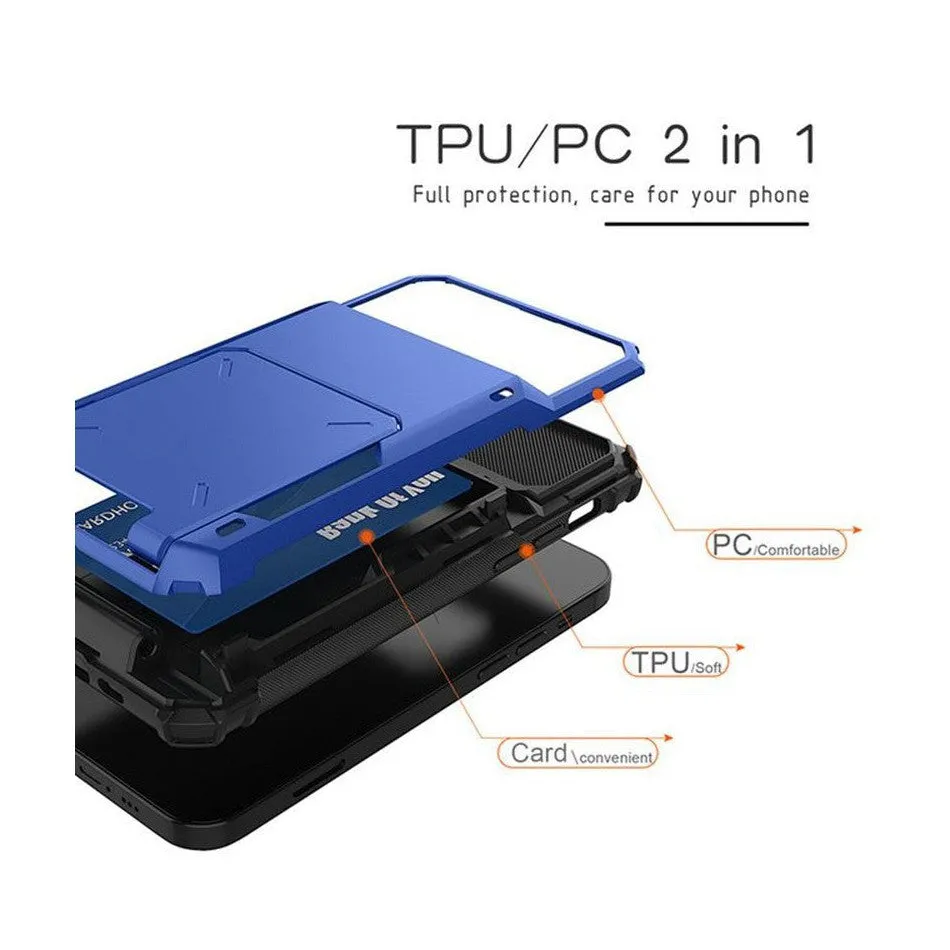 Luxurious Hard Rugged Case w/- Card Slots for iPhone 13 Pro Max - Blue