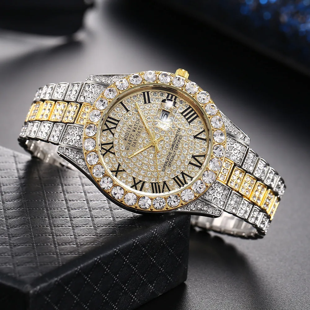 Luxury Classic Golden Men's Steel Strap Roman Scale Rhinestone Calendar Quartz Watch Fashion Male Wristwatch