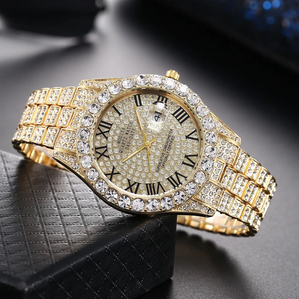 Luxury Classic Golden Men's Steel Strap Roman Scale Rhinestone Calendar Quartz Watch Fashion Male Wristwatch