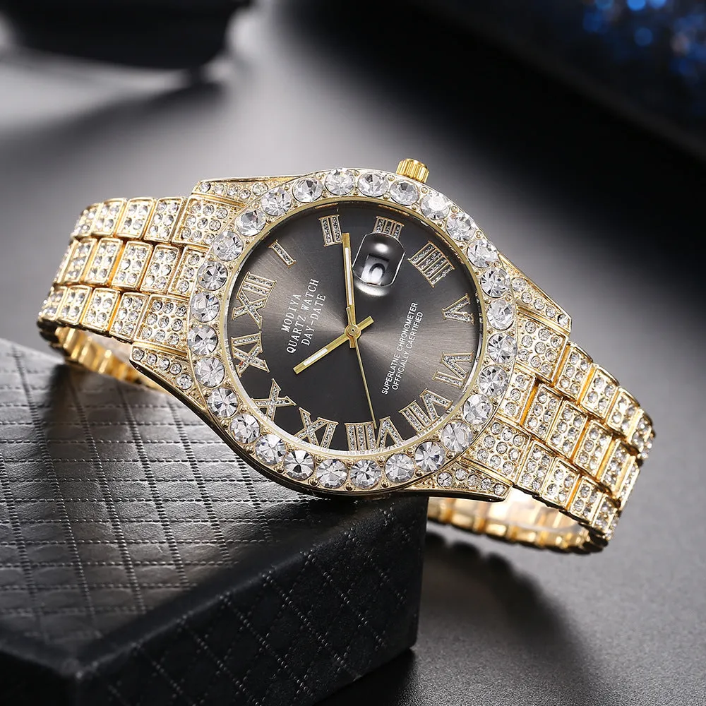 Luxury Classic Golden Men's Steel Strap Roman Scale Rhinestone Calendar Quartz Watch Fashion Male Wristwatch