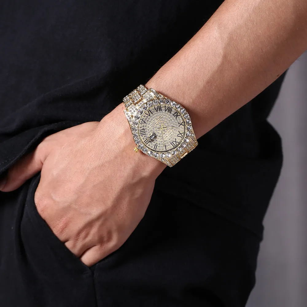 Luxury Classic Golden Men's Steel Strap Roman Scale Rhinestone Calendar Quartz Watch Fashion Male Wristwatch