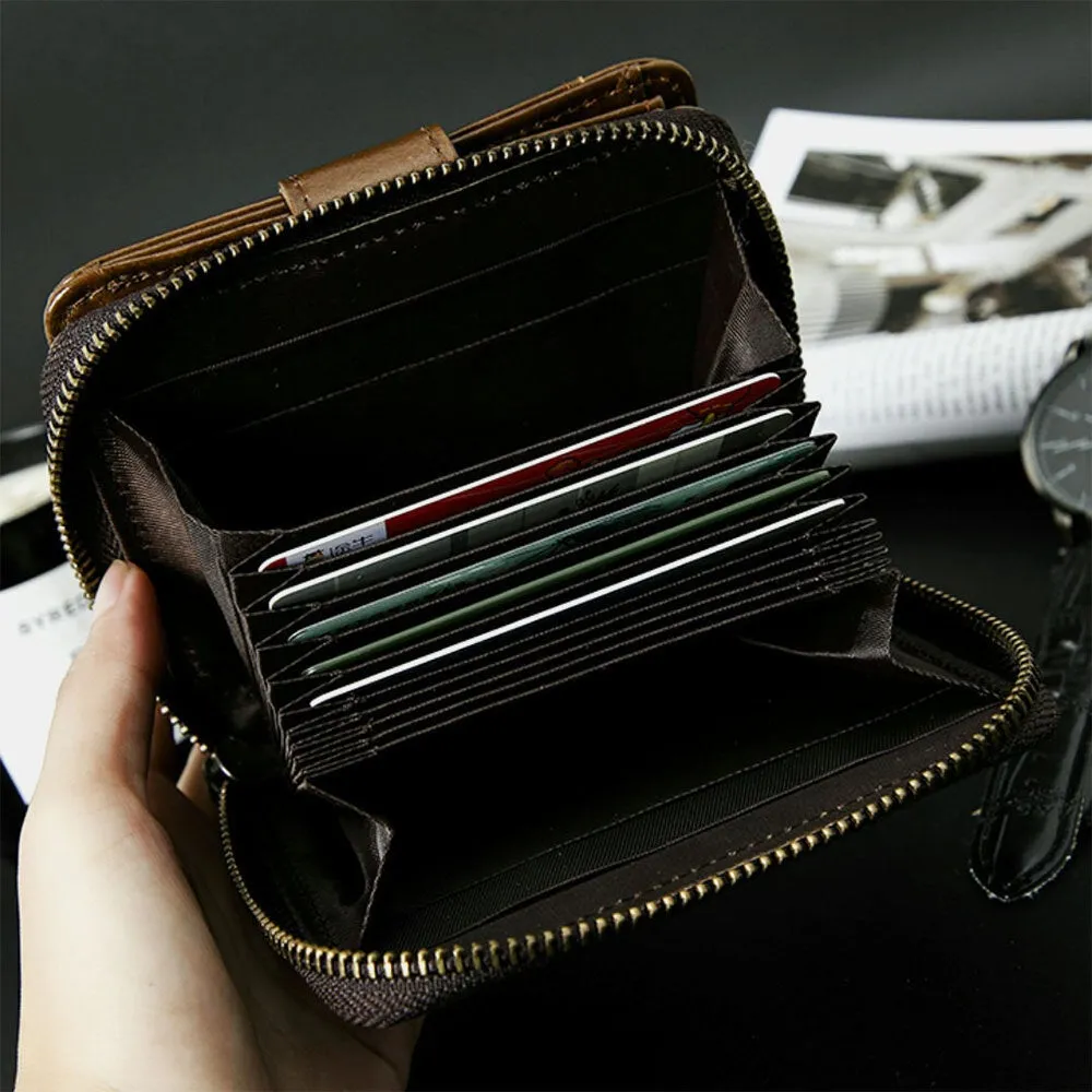 Men First Layer Cowhide Zipper Organ Card Holder Retro Multi-card Slot Case Driver's License Wallet Photo Album Hasp Money Clip