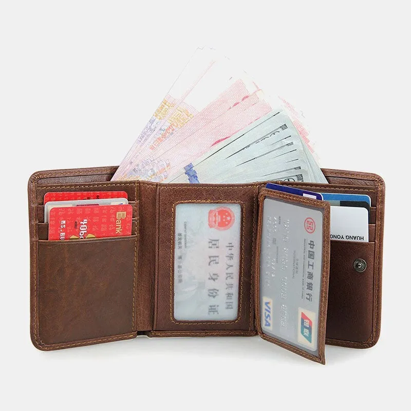 Men Vintage RFID Anti-magnetic Cowhide Wallet Trifold Short Multi-card Slots Card Case Driver License Wallet