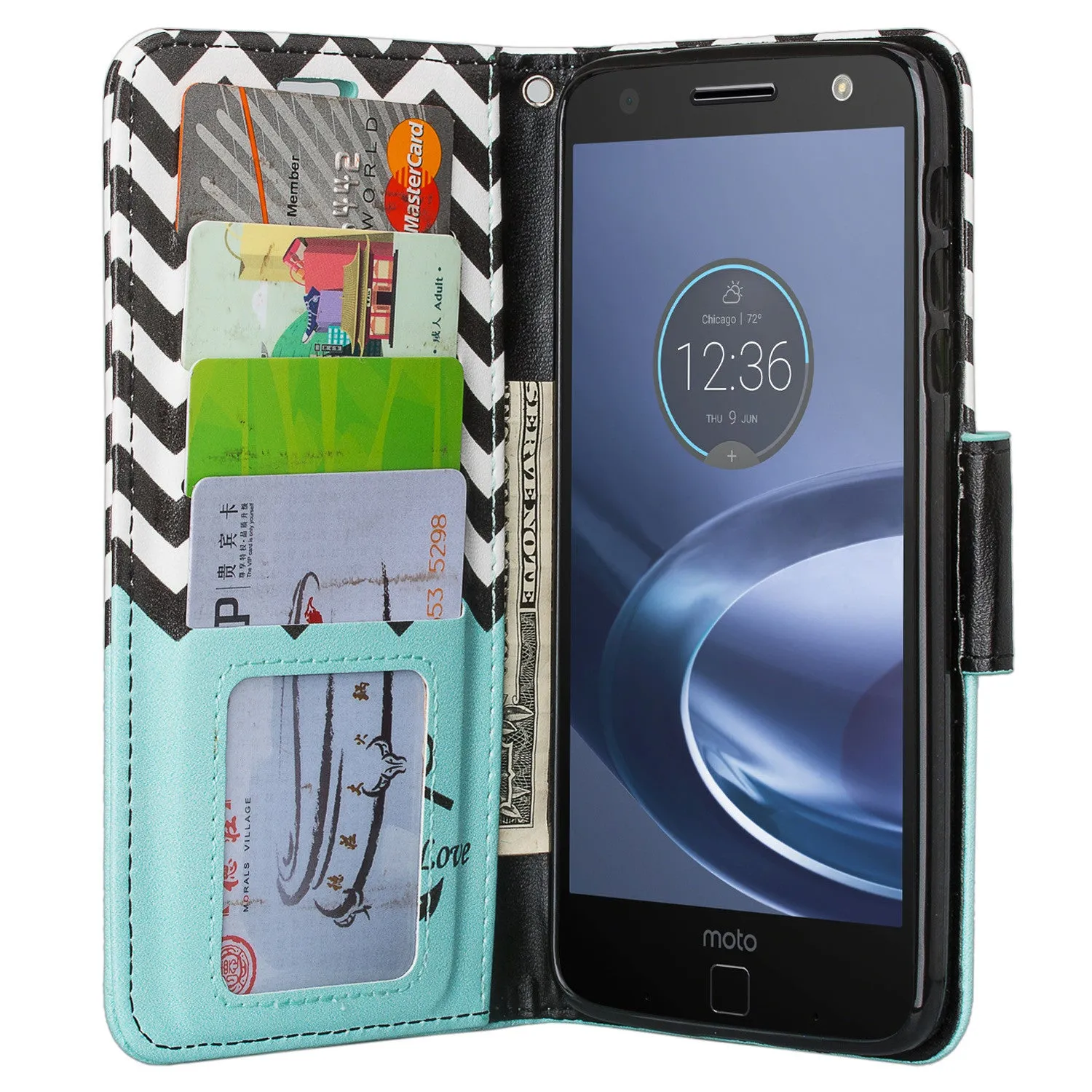 Moto Z Droid Case, Motorola Z Droid Wallet Case, Wrist Strap Pu Leather Wallet Case [Kickstand] with ID & Credit Card Slots - Teal Anchor