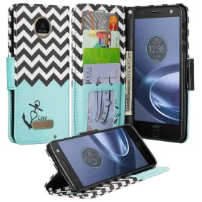 Moto Z Droid Case, Motorola Z Droid Wallet Case, Wrist Strap Pu Leather Wallet Case [Kickstand] with ID & Credit Card Slots - Teal Anchor