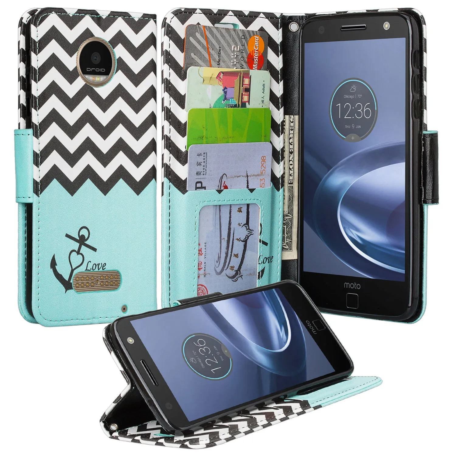 Moto Z Droid Case, Motorola Z Droid Wallet Case, Wrist Strap Pu Leather Wallet Case [Kickstand] with ID & Credit Card Slots - Teal Anchor