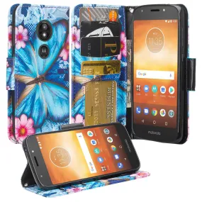 Motorola Moto E5 Plus Case, Moto E5 Cruise Wallet Case, Wrist Strap Pu Leather Wallet Case [Kickstand] with ID & Credit Card Slots - Blue Butterfly