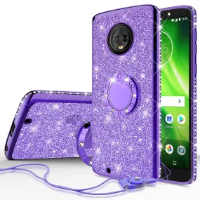 Motorola Moto G6 , Moto G6 2018 Case, Glitter Cute Phone Case Girls with Kickstand,Bling Diamond Rhinestone Bumper Ring Stand Sparkly Luxury Clear Thin Soft Protective Motorola Moto G6 Case for Girl Women - Purple