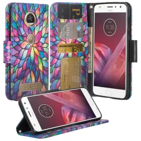 Motorola Moto Z2 Force Case, Moto Z2 Force Wallet Case, Slim Flip Folio [Kickstand] Pu Leather Wallet Case with ID & Card Slots & Pocket   Wrist Strap - Rainbow Flower