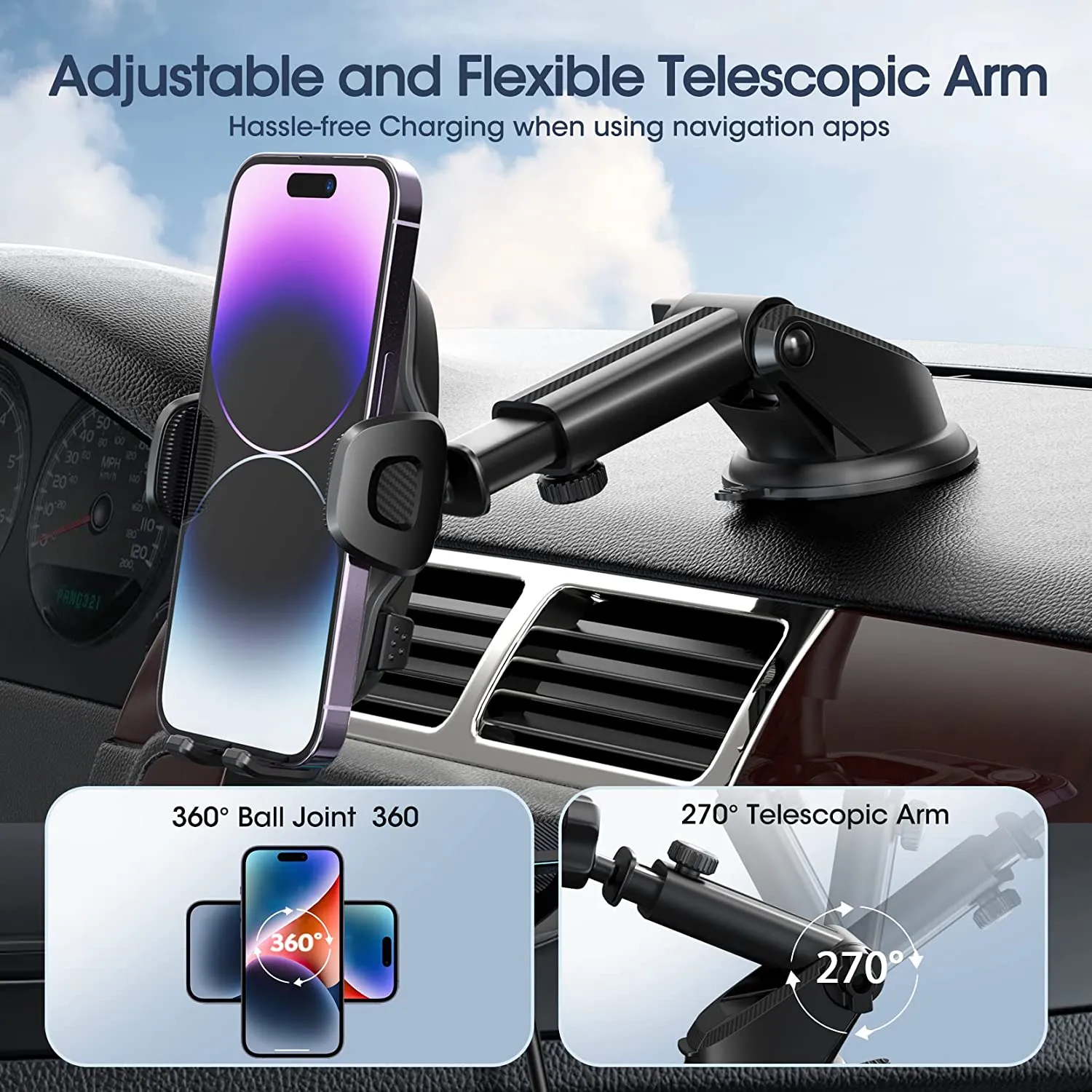 Mpow Car Cell Phone Holder Mount - 3in1 Car Cell Phone Holder for Dashboard, Air Vent, Windshield Compatible with iPhone, Samsung Galaxy and 4.7 to 6.9 inches