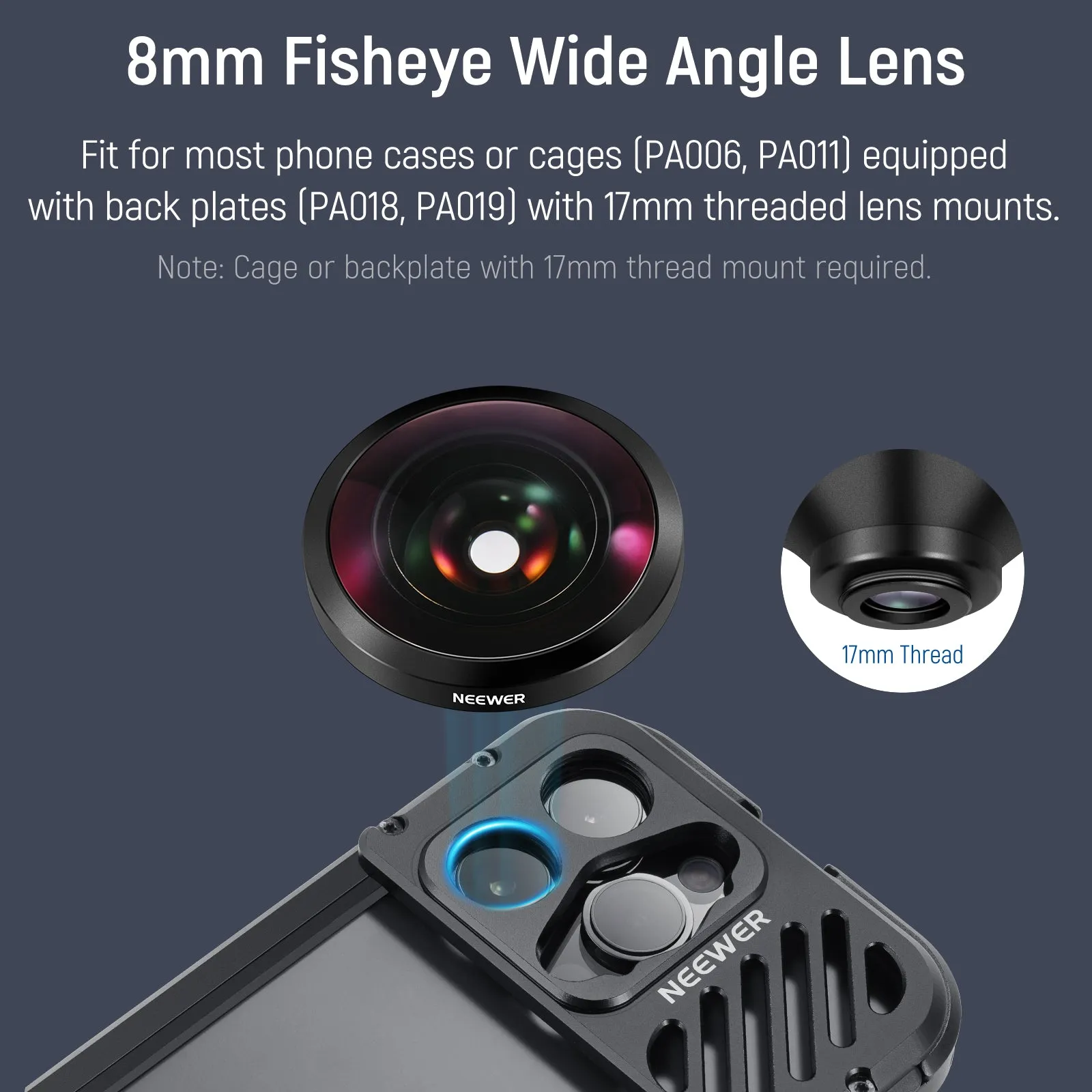 NEEWER LS-29 8mm HD Fisheye Phone Lens For iPhone Samsung Phone Cage