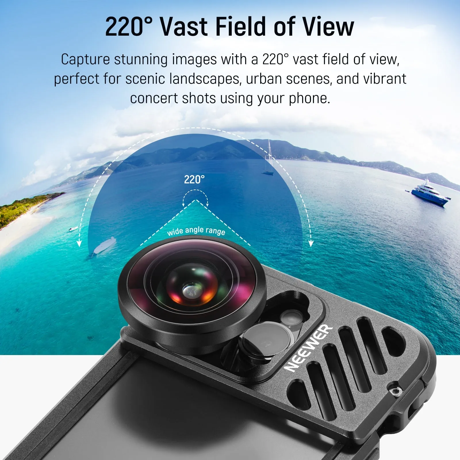 NEEWER LS-29 8mm HD Fisheye Phone Lens For iPhone Samsung Phone Cage