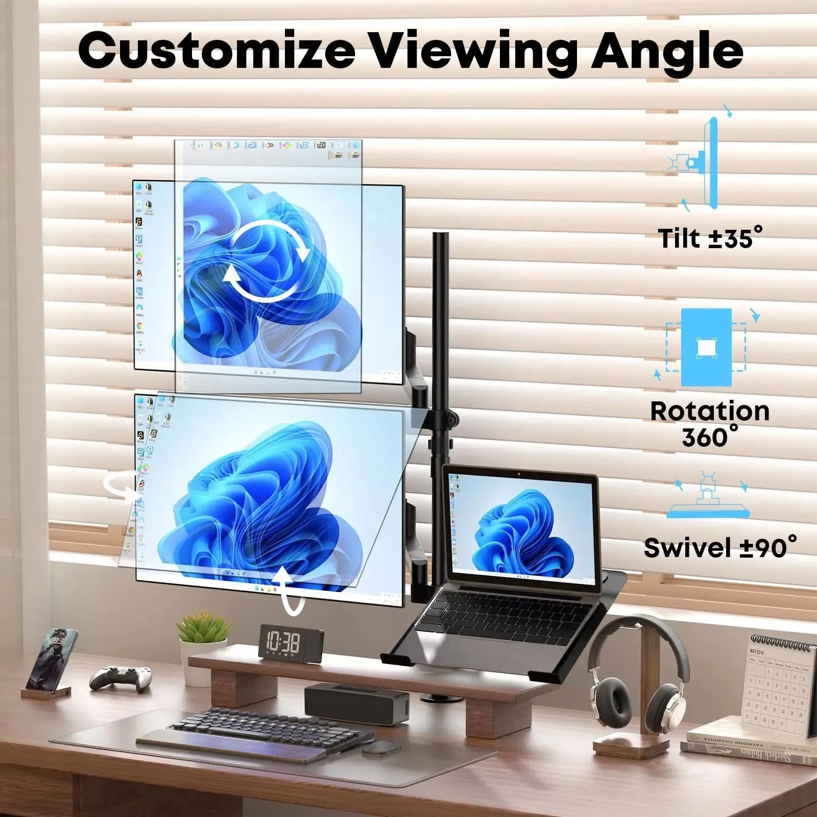 PUTORSEN monitor mount 2 monitors with laptop arm for 17-32 inch screen up to 17" notebook, tiltable swivelling monitor laptop mount desk with clamp