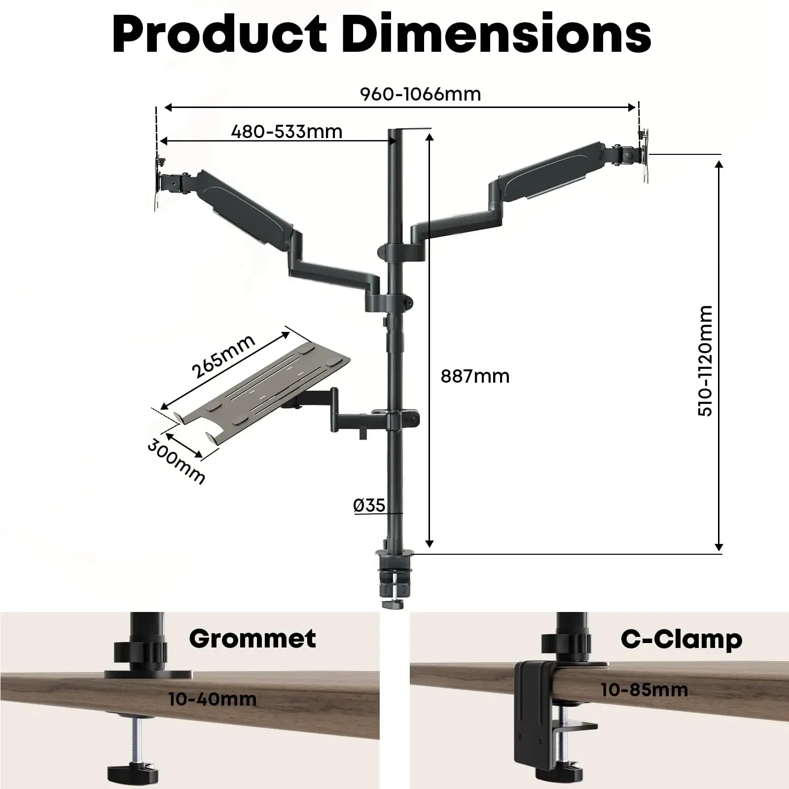 PUTORSEN monitor mount 2 monitors with laptop arm for 17-32 inch screen up to 17" notebook, tiltable swivelling monitor laptop mount desk with clamp