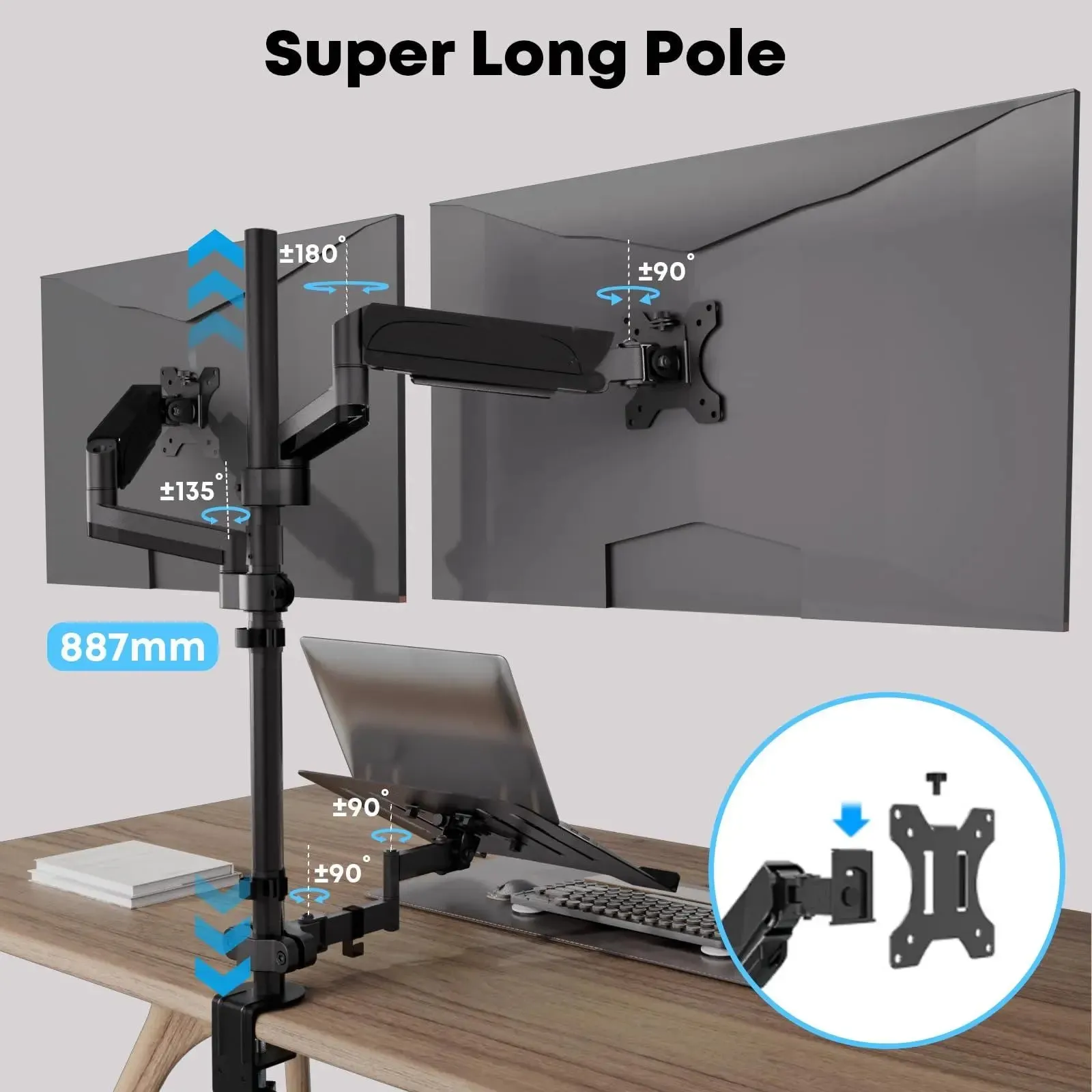 PUTORSEN monitor mount 2 monitors with laptop arm for 17-32 inch screen up to 17" notebook, tiltable swivelling monitor laptop mount desk with clamp