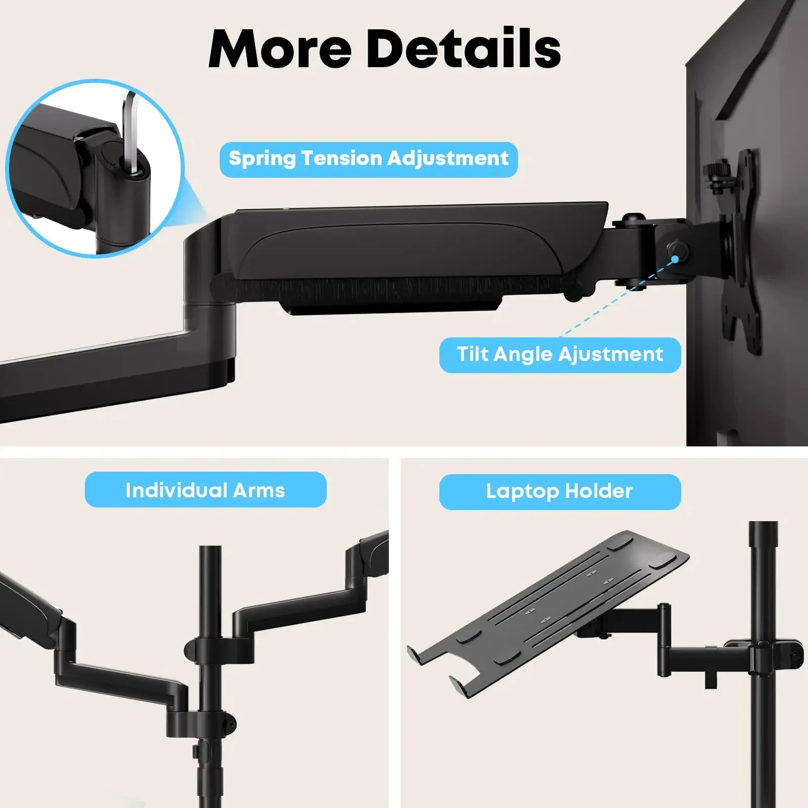 PUTORSEN monitor mount 2 monitors with laptop arm for 17-32 inch screen up to 17" notebook, tiltable swivelling monitor laptop mount desk with clamp