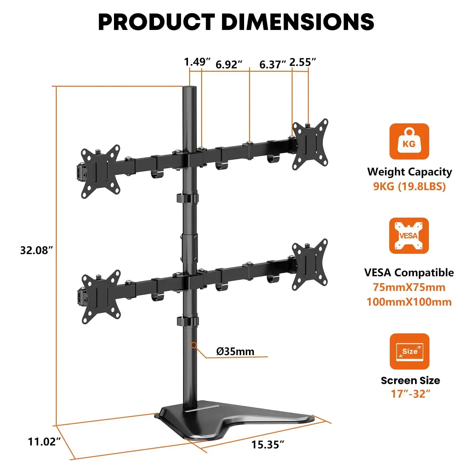 Quad Monitor Stand, 4 Monitor Mount for 17 to 32 inch Computer Screens,Hold up to 19.8lbs Each,Fully Adjustable Stacked 4 Monitor Desk Mount,Black