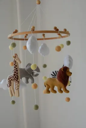 Safari mobile with felted balls cloud elephant giraffe zebra lion