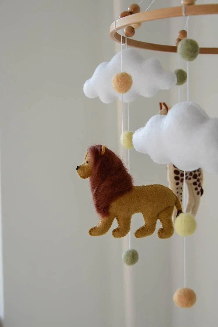 Safari mobile with felted balls cloud elephant giraffe zebra lion